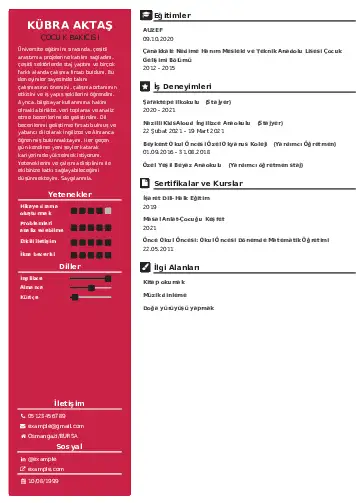 Çocuk Bakıcısı CV Örnekleri cv indir